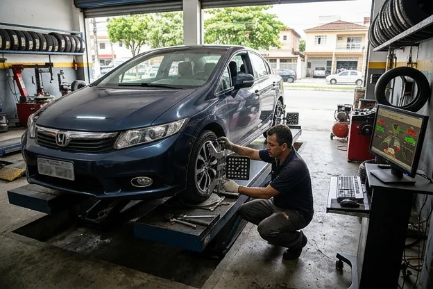 Carro entrando em uma máquina de alinhamento de rodas em uma borracharia.