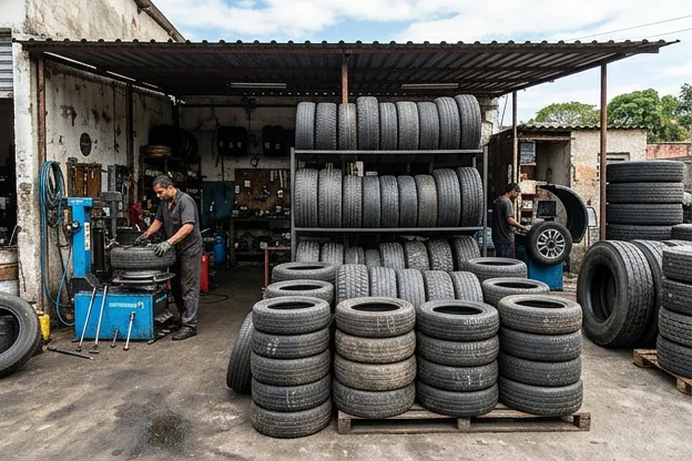 Diversos tipos de pneus expostos em uma borracharia, prontos para venda e instalação.