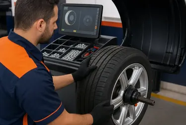 Equipamento de balanceamento de rodas sendo utilizado por um mecânico na borracharia.