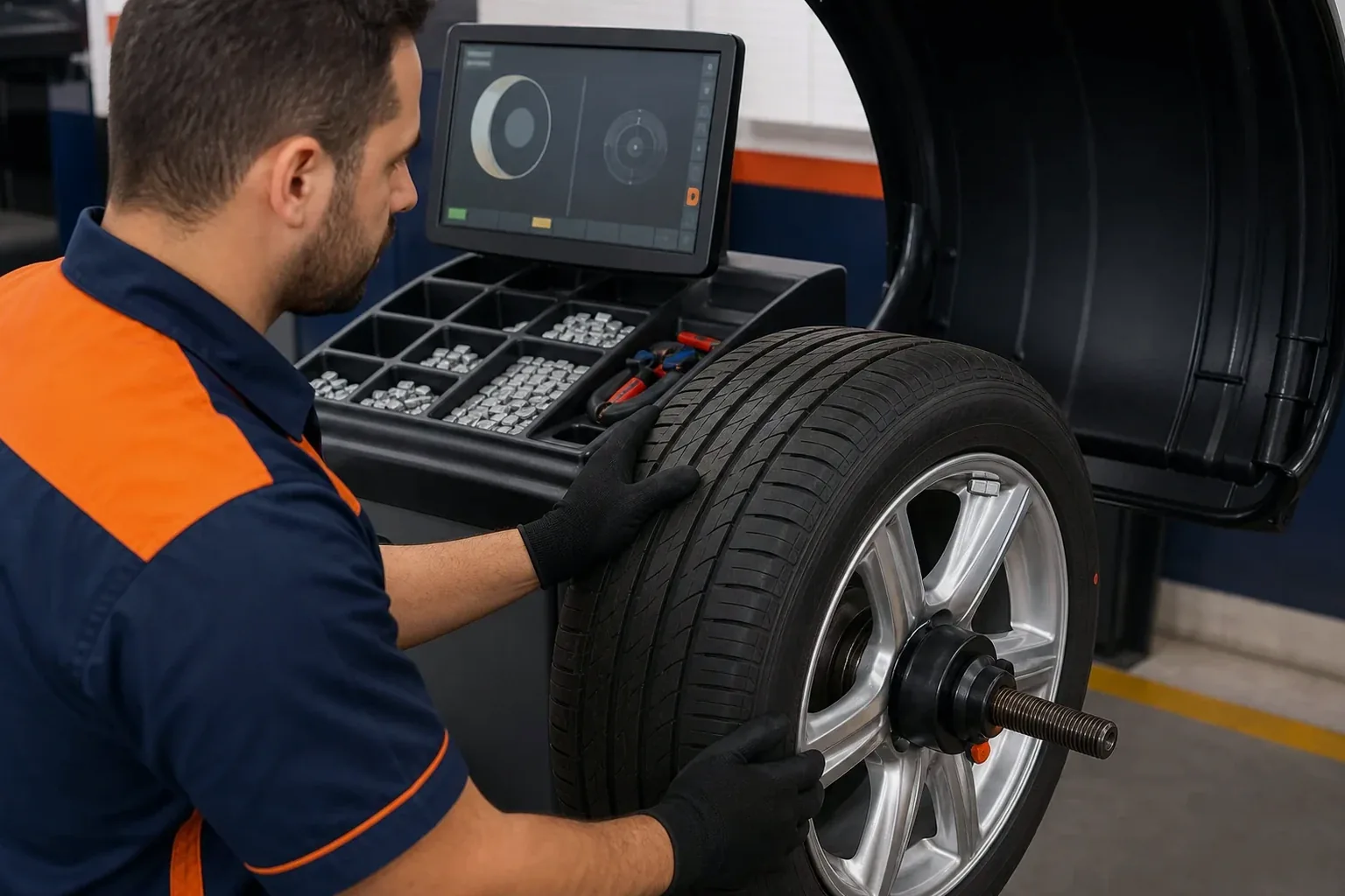 Equipamento de balanceamento de rodas sendo utilizado por um mecânico na borracharia.