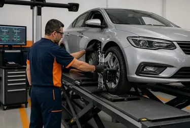 Mecânico ajustando o alinhamento das rodas de um carro na borracharia.