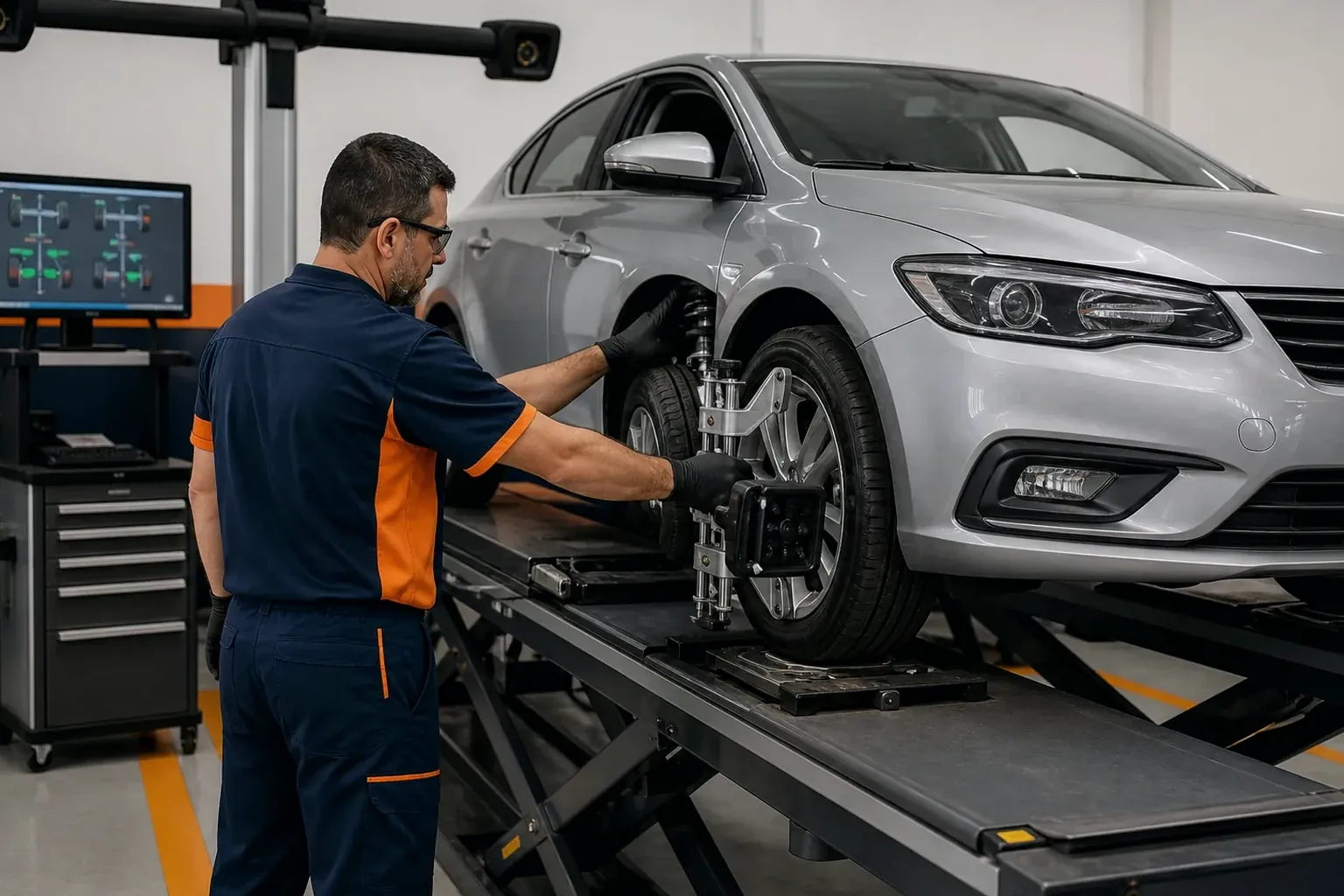 Mecânico ajustando o alinhamento das rodas de um carro na borracharia.