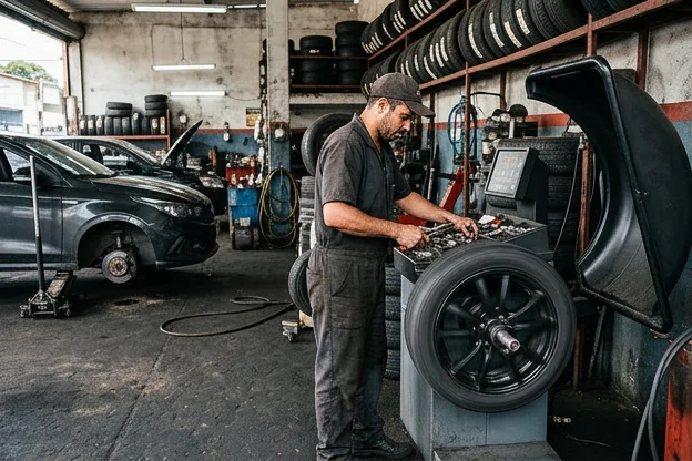 Mecânico balanceando rodas de um carro com equipamento especializado.