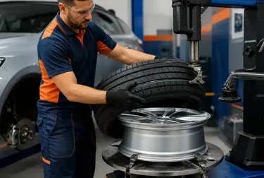 Mecânico realizando a troca de pneus de um veículo em borracharia.